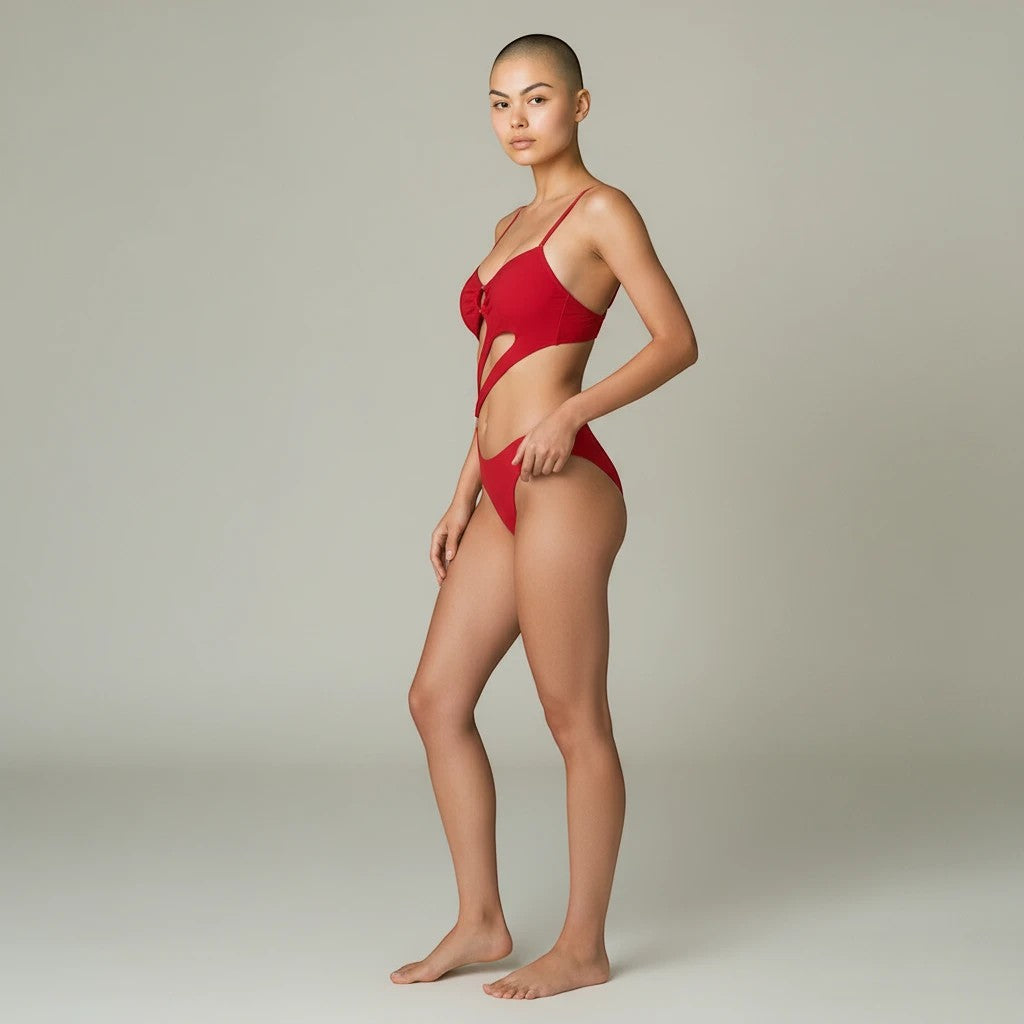 Sea Dragon Dreams red high-waist bikini with double straps worn by a model against a neutral studio background.