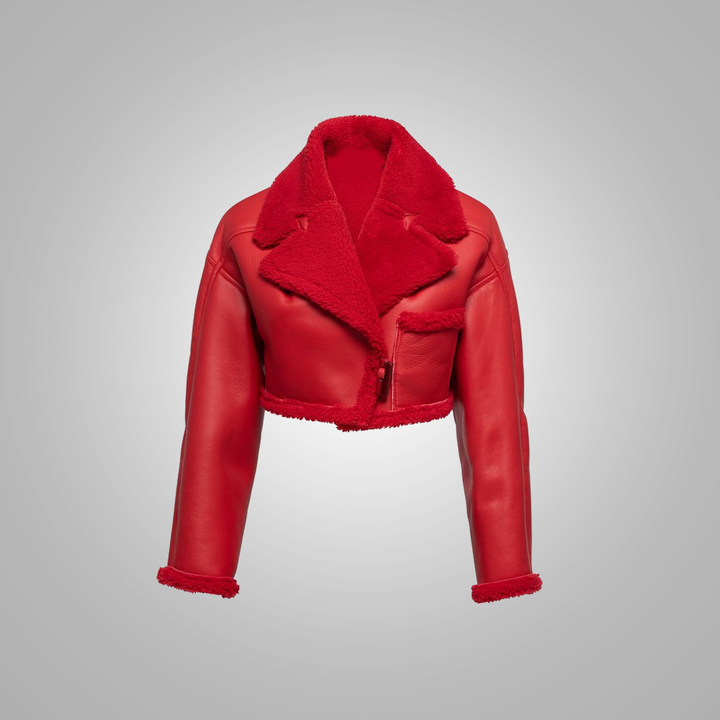 Sea Dragon Dreams red cropped sheepskin leather aviator bomber jacket with plush shearling trim and collar
