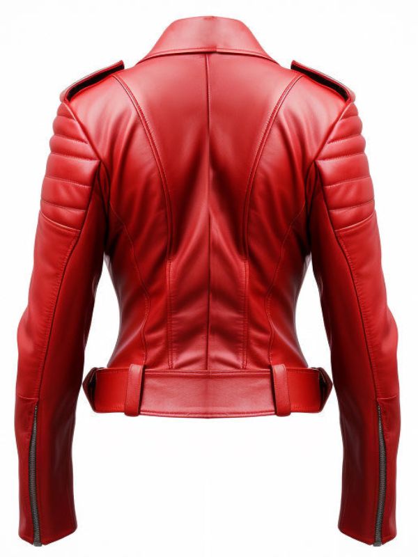 Sea Dragon Dreams women slimfit red leather jacket with quilted shoulder detailing and back view