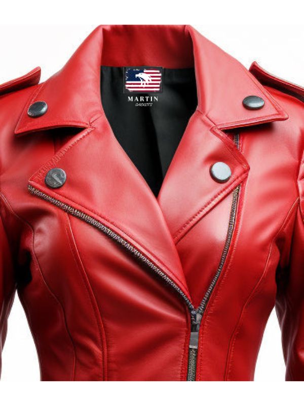 Sea Dragon Dreams women's slimfit red leather jacket with notched lapels, silver zippers, and shoulder epaulets.