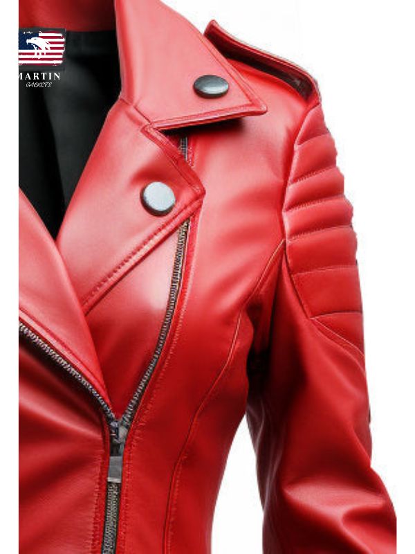 Sea Dragon Dreams women's slimfit red leather jacket with quilted shoulder detailing and silver zipper hardware