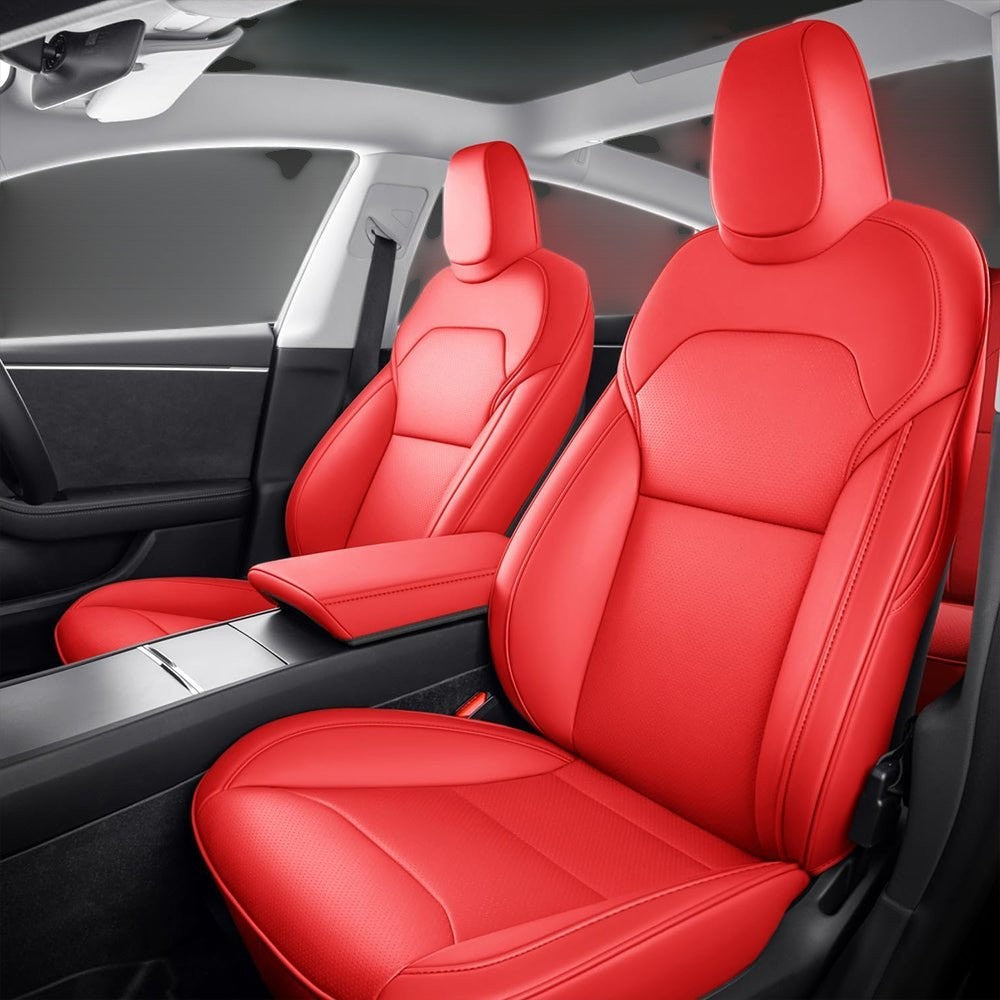 Sea Dragon Dreams bright red leather seat covers installed in a Tesla Model 3 or Model Y interior for a custom look.
