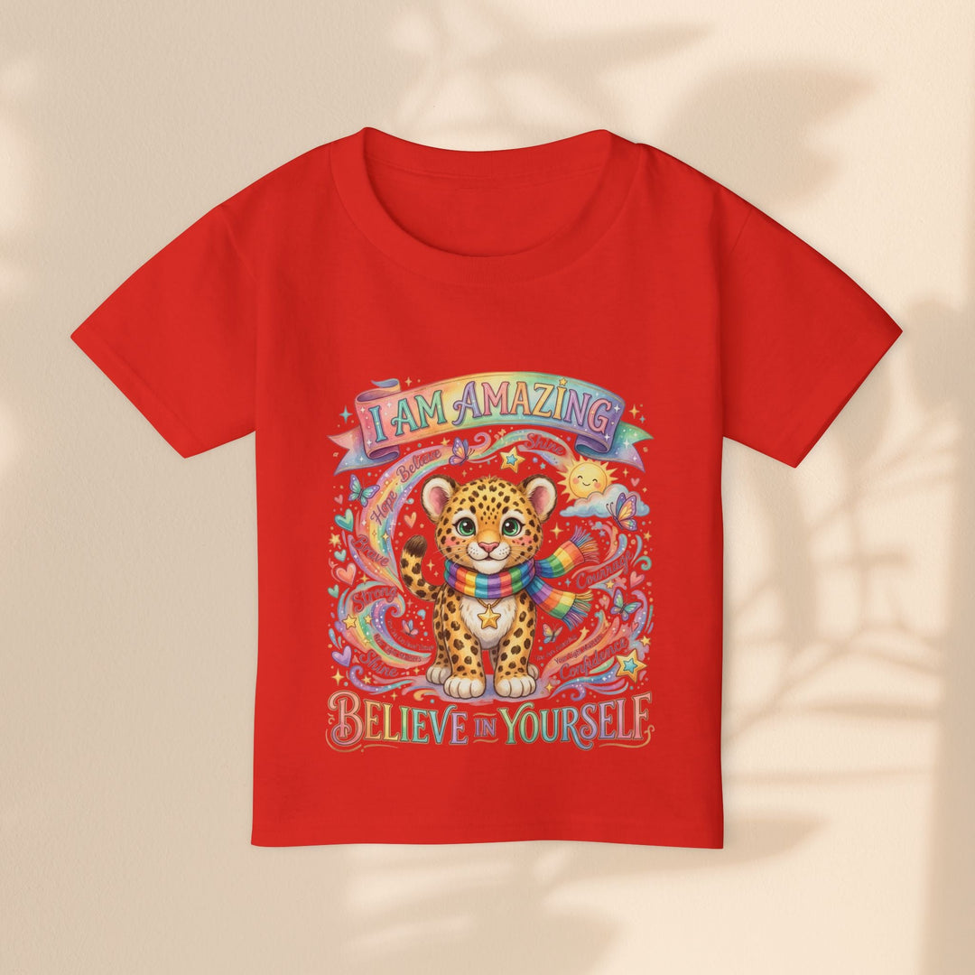 Sea Dragon Dreams red toddler cotton t-shirt featuring a cute leopard with a rainbow scarf and uplifting text.