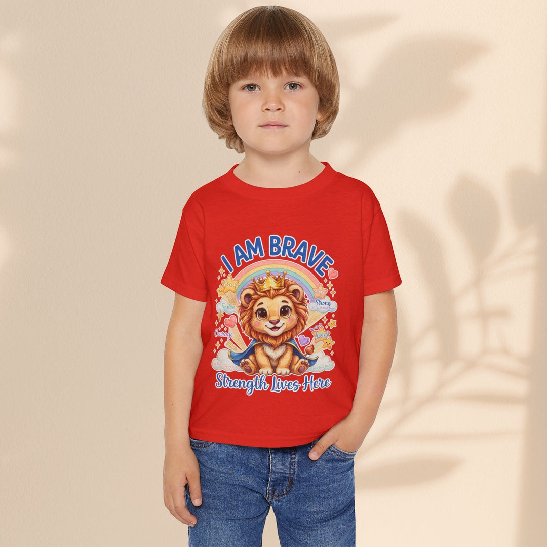 Sea Dragon Dreams toddler t-shirt in red cotton featuring a Leo Lion graphic with the text I Am Brave