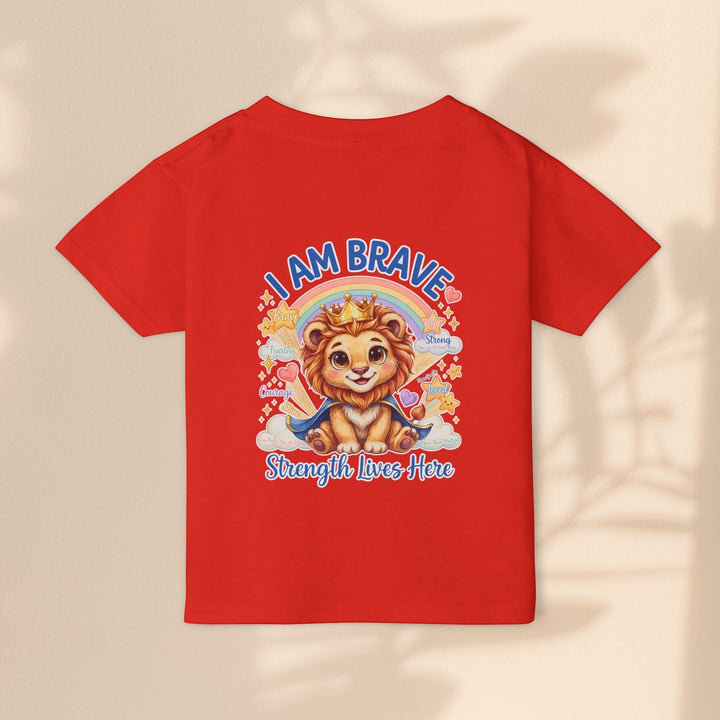 Sea Dragon Dreams red toddler t-shirt featuring a cute lion wearing a crown and cape with I Am Brave text graphic