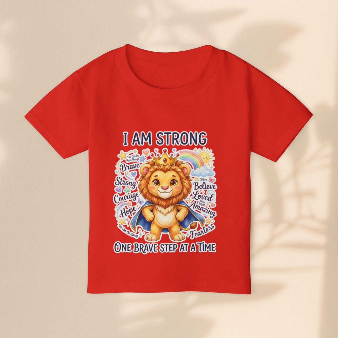Sea Dragon Dreams red toddler t-shirt featuring a cute lion graphic with the empowering text I Am Strong