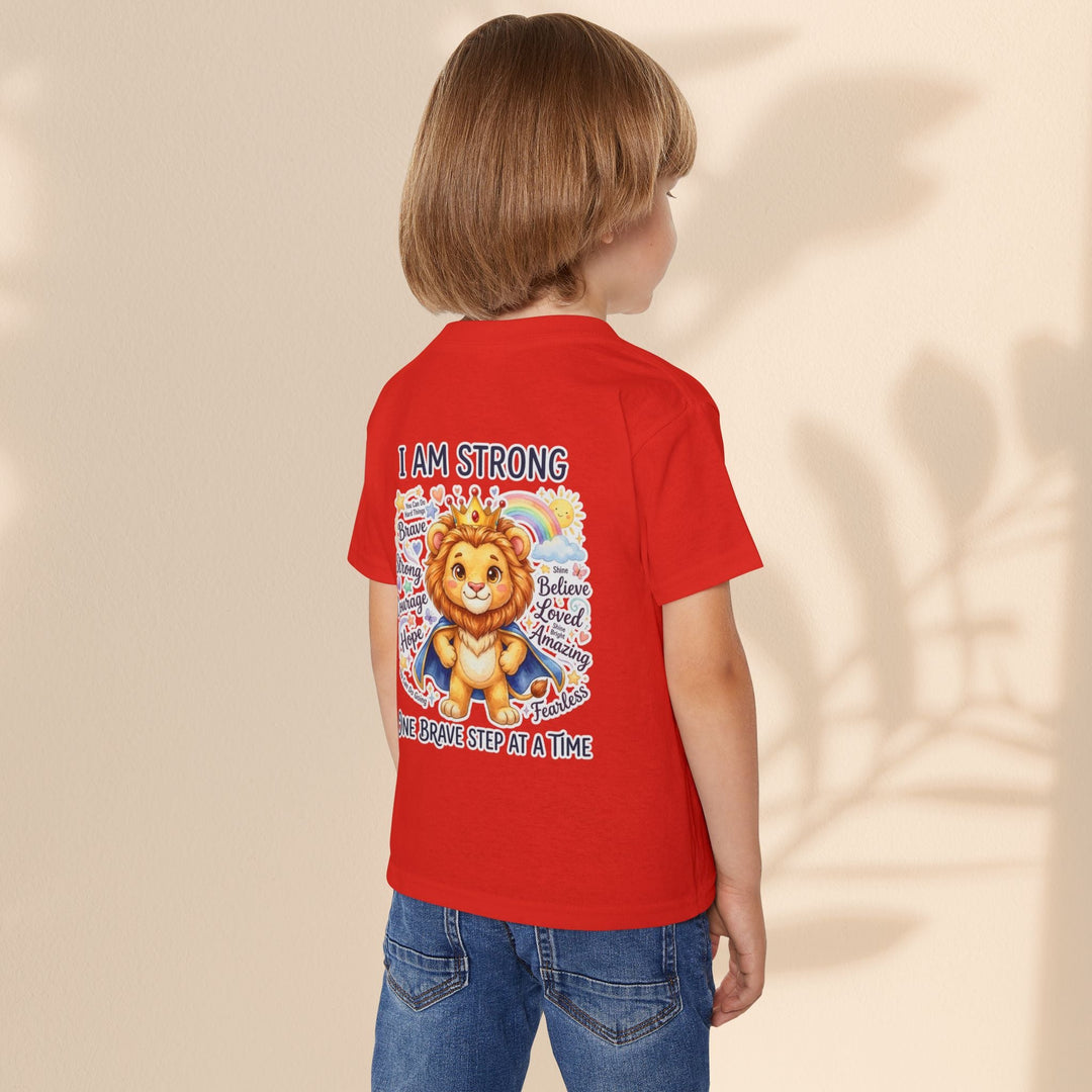 Sea Dragon Dreams toddler t-shirt in red cotton featuring a lion graphic with the text I Am Strong on the back