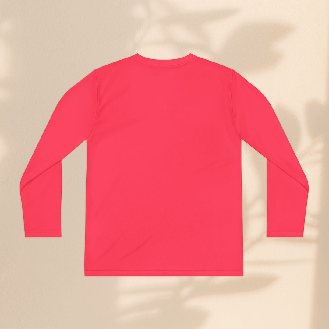 Sea Dragon Dreams youth long sleeve moisture-wicking polyester athletic tee in solid bright red, back view.