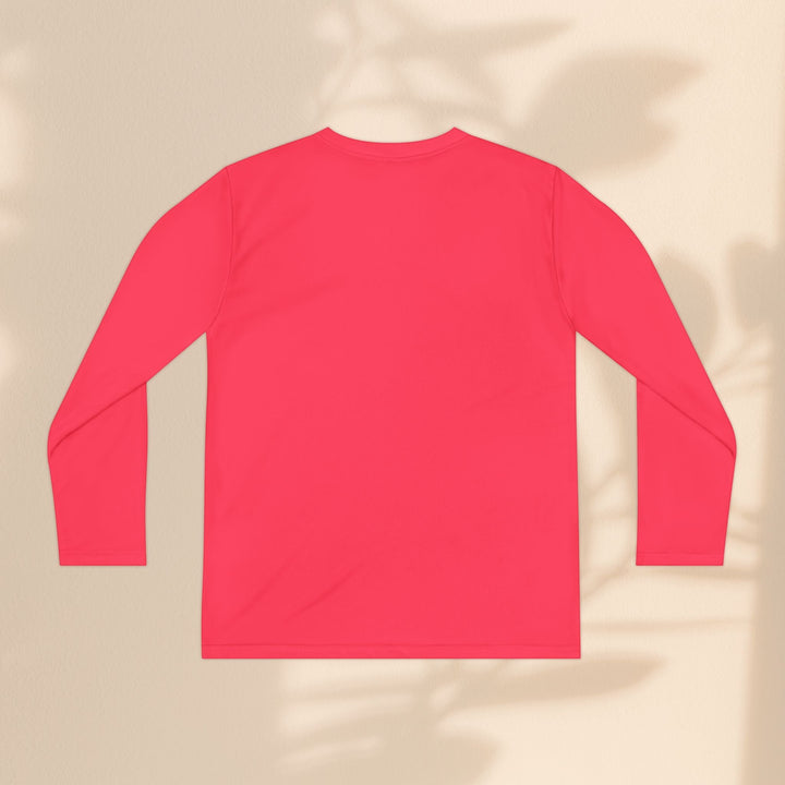 Sea Dragon Dreams youth long sleeve moisture-wicking polyester athletic tee in solid bright red, back view.