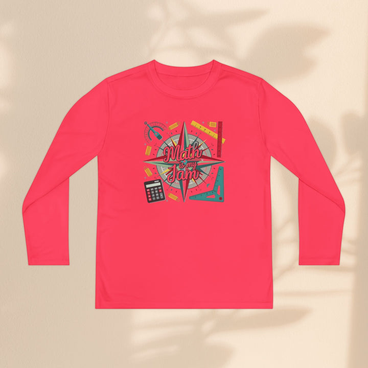 Sea Dragon Dreams youth long sleeve red polyester tee with Math Is My Jam graphic featuring math tools and calculator.