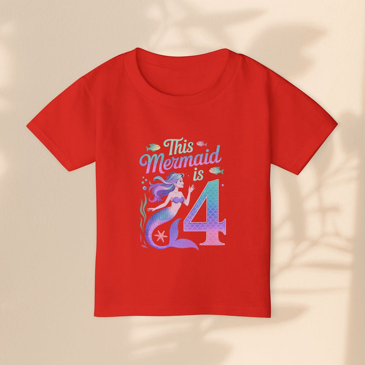 Sea Dragon Dreams red toddler t-shirt with This Mermaid Is 4 graphic for a fourth birthday celebration.