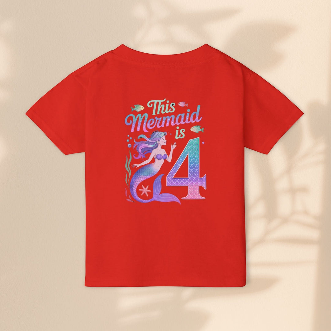 Sea Dragon Dreams red toddler t-shirt with This Mermaid Is 4 graphic featuring a mermaid and large number four.