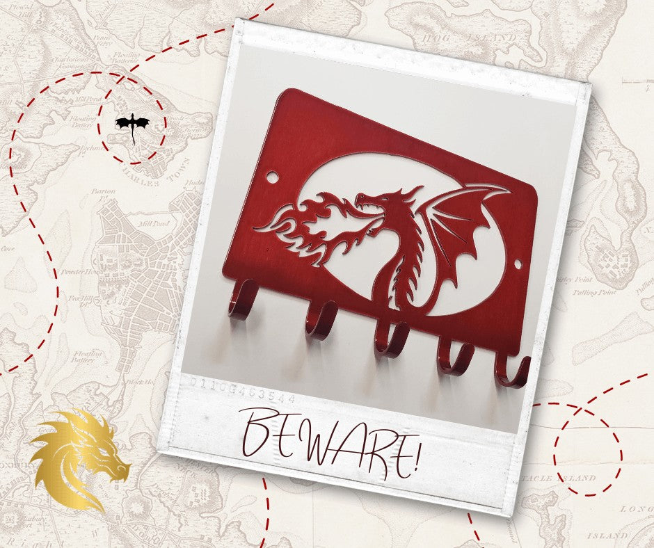 Sea Dragon Dreams red metal fire-breathing dragon wall key holder with five hooks for home entryway organization.