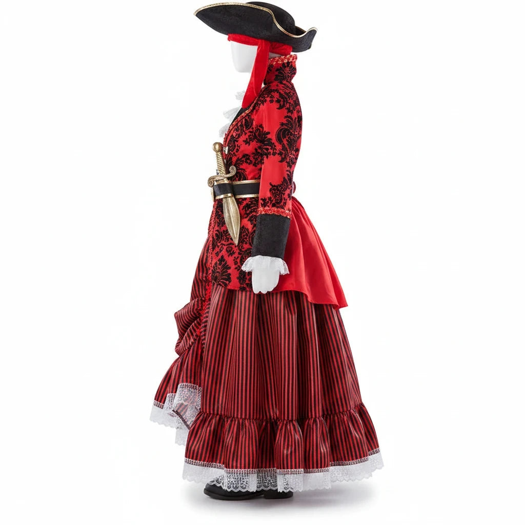 Sea Dragon Dreams deluxe red pirate princess costume on a mannequin featuring a striped skirt and black pirate hat