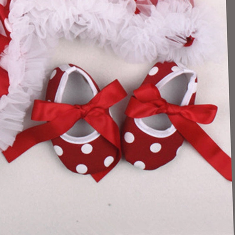 Sea Dragon Dreams newborn baby Christmas shoes in red with white polka dots and festive ribbon bows