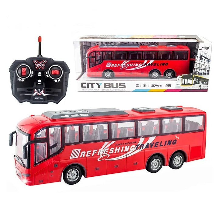 Sea Dragon Dreams 1:30 scale red remote control city bus toy with working lights and handheld transmitter