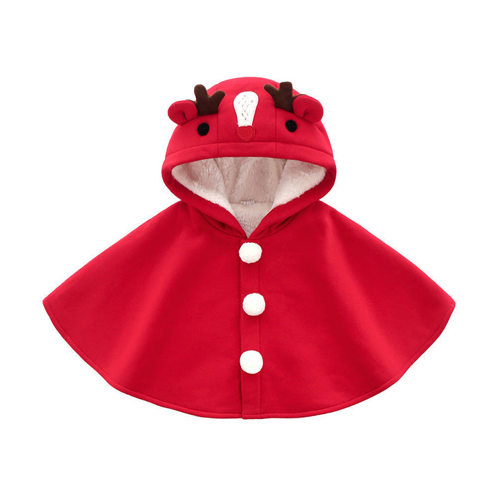 Sea Dragon Dreams red baby cloak with a reindeer hood, featuring plush lining and white pom-pom buttons.