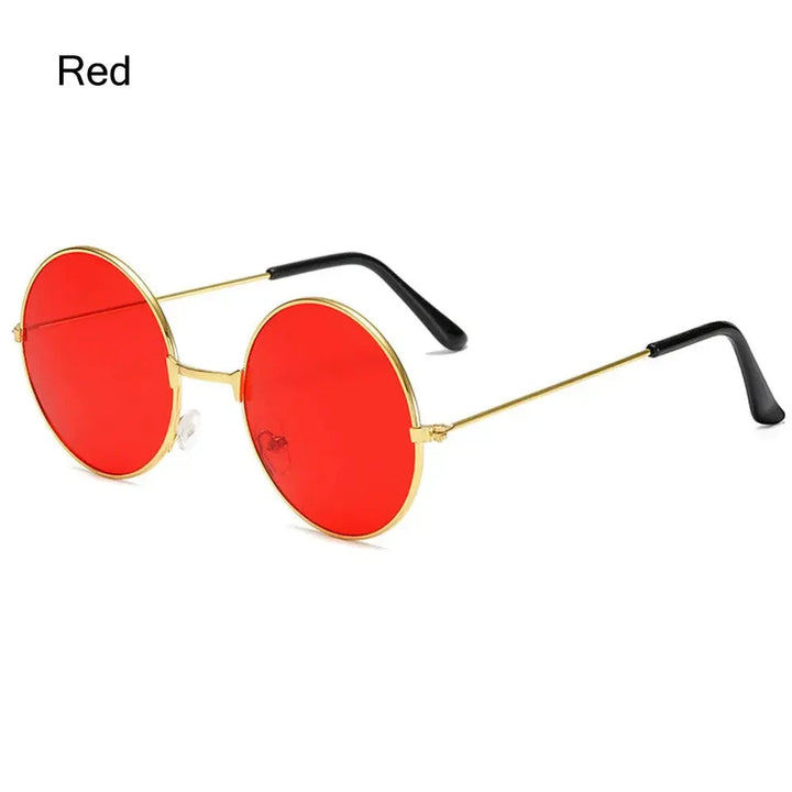 Sea Dragon Dreams novelty round sunglasses with vibrant red lenses and a thin gold metal frame for cosplay costumes.
