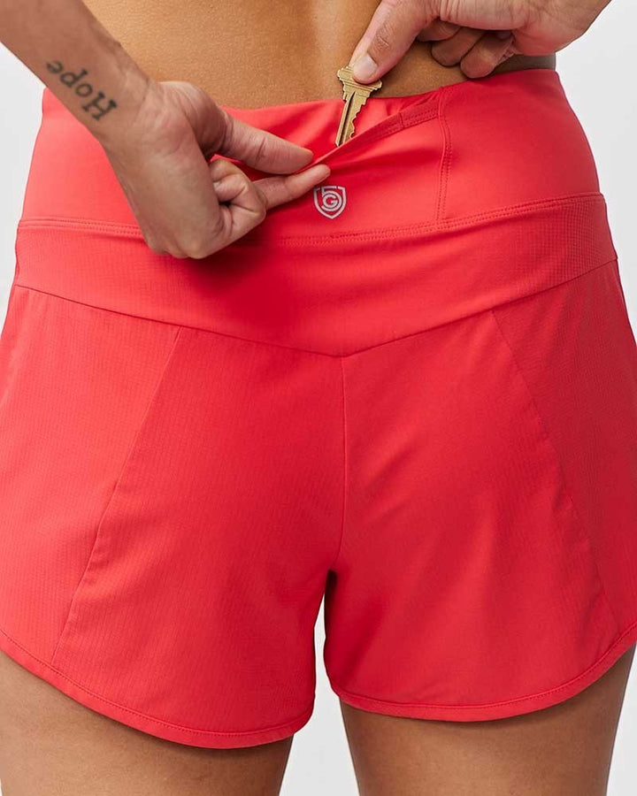 Sea Dragon Dreams Sheva high rise running shorts in bright red with a secure back zip pocket and knit waistband