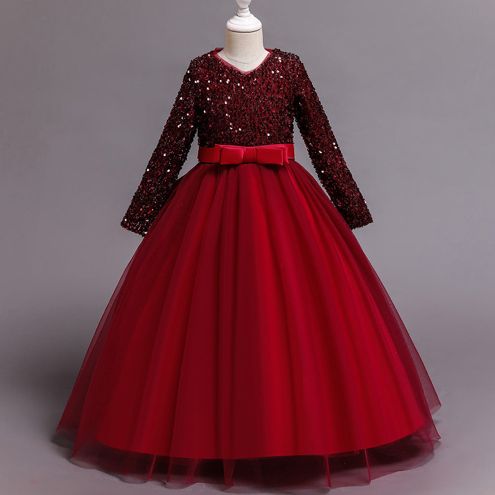 Sea Dragon Dreams girls' long-sleeve red party dress with sequin bodice, tulle skirt, and a decorative waist bow.