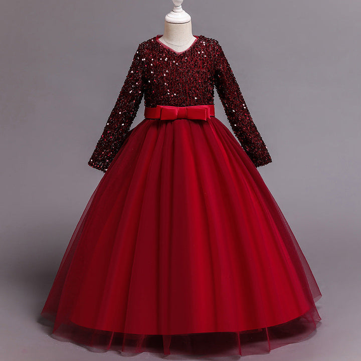 Sea Dragon Dreams girls' long-sleeve red party dress with sequin bodice, tulle skirt, and a decorative waist bow.