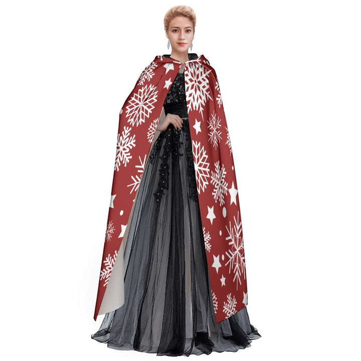 Sea Dragon Dreams unisex hooded cloak in red with white snowflake and star print, made from thick scuba fabric.