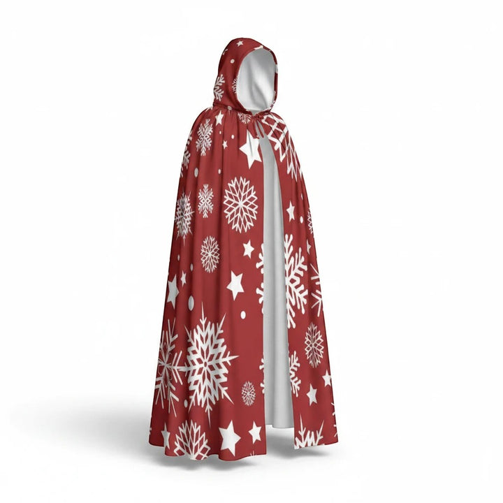 Sea Dragon Dreams Christmas hooded cloak in red with white snowflake and star print, featuring a white interior lining.