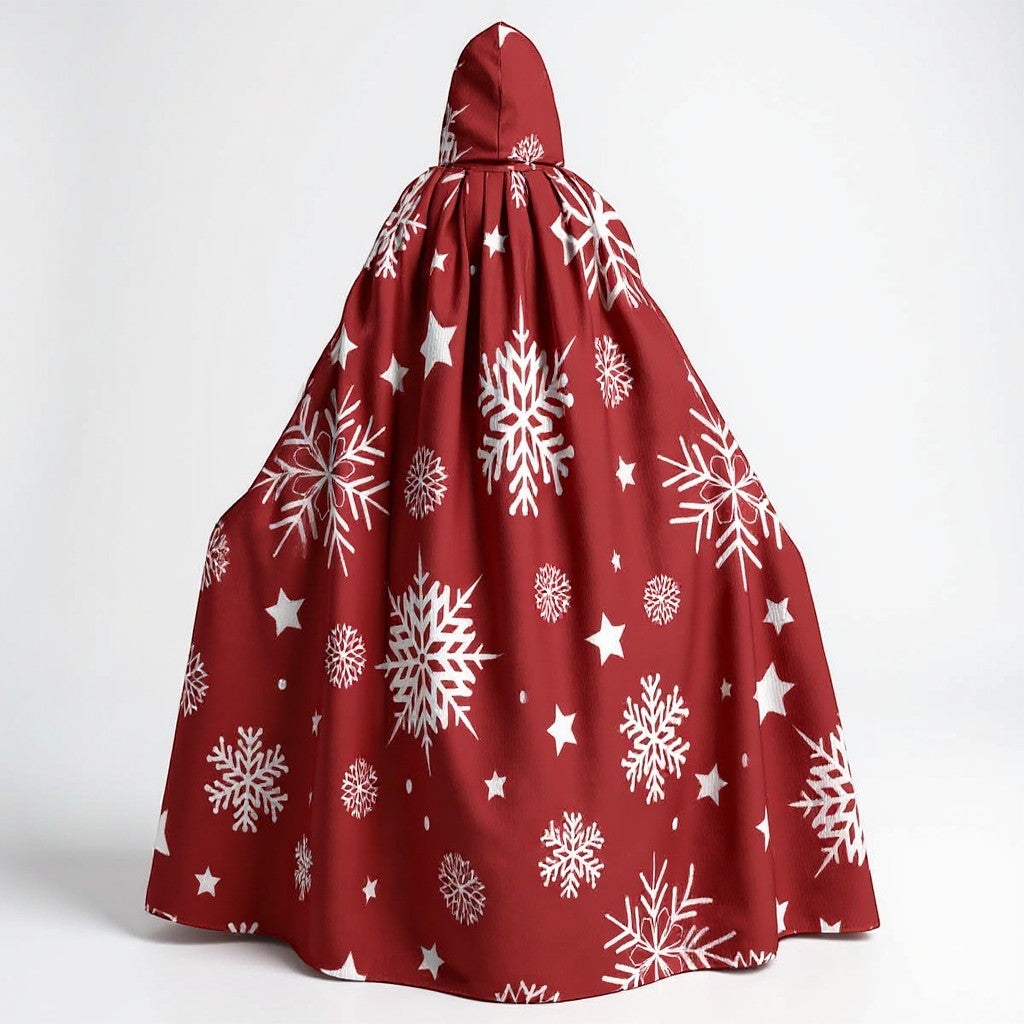 Sea Dragon Dreams unisex hooded cloak in red with a white snowflake and star pattern, made from thick scuba fabric.