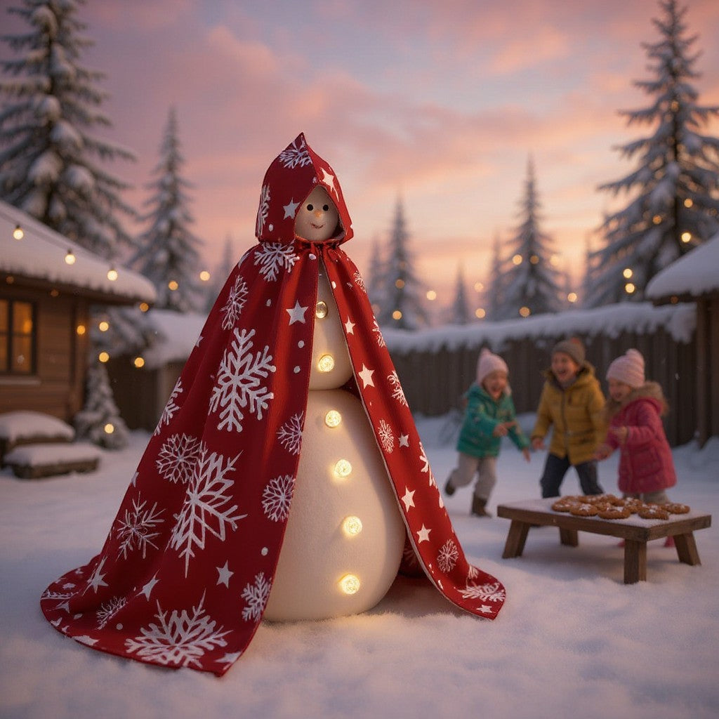 Sea Dragon Dreams red hooded cloak with white snowflake print worn by a snowman in a snowy winter landscape