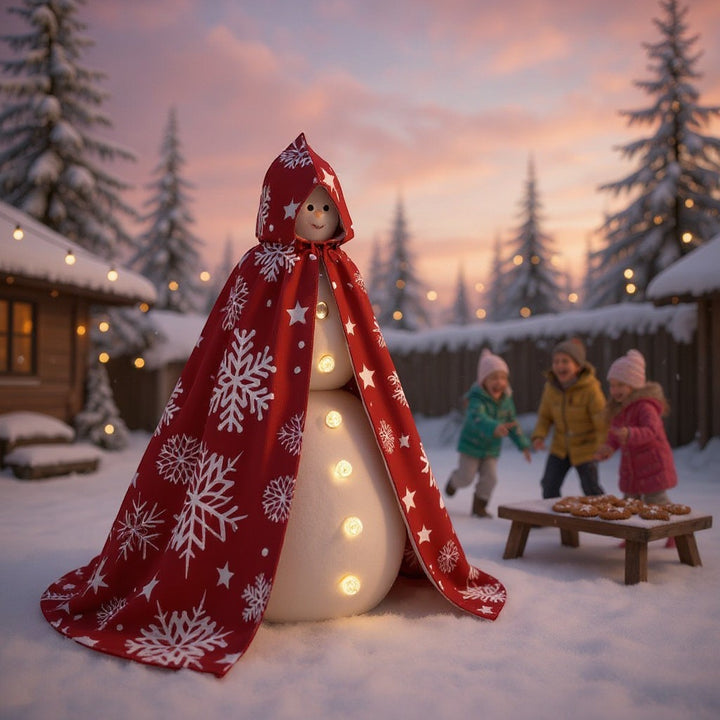 Sea Dragon Dreams red hooded cloak with white snowflake print worn by a snowman in a snowy winter landscape