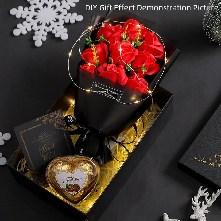 Sea Dragon Dreams red soap rose bouquet gift set with fairy lights, heart-shaped chocolates, and greeting card