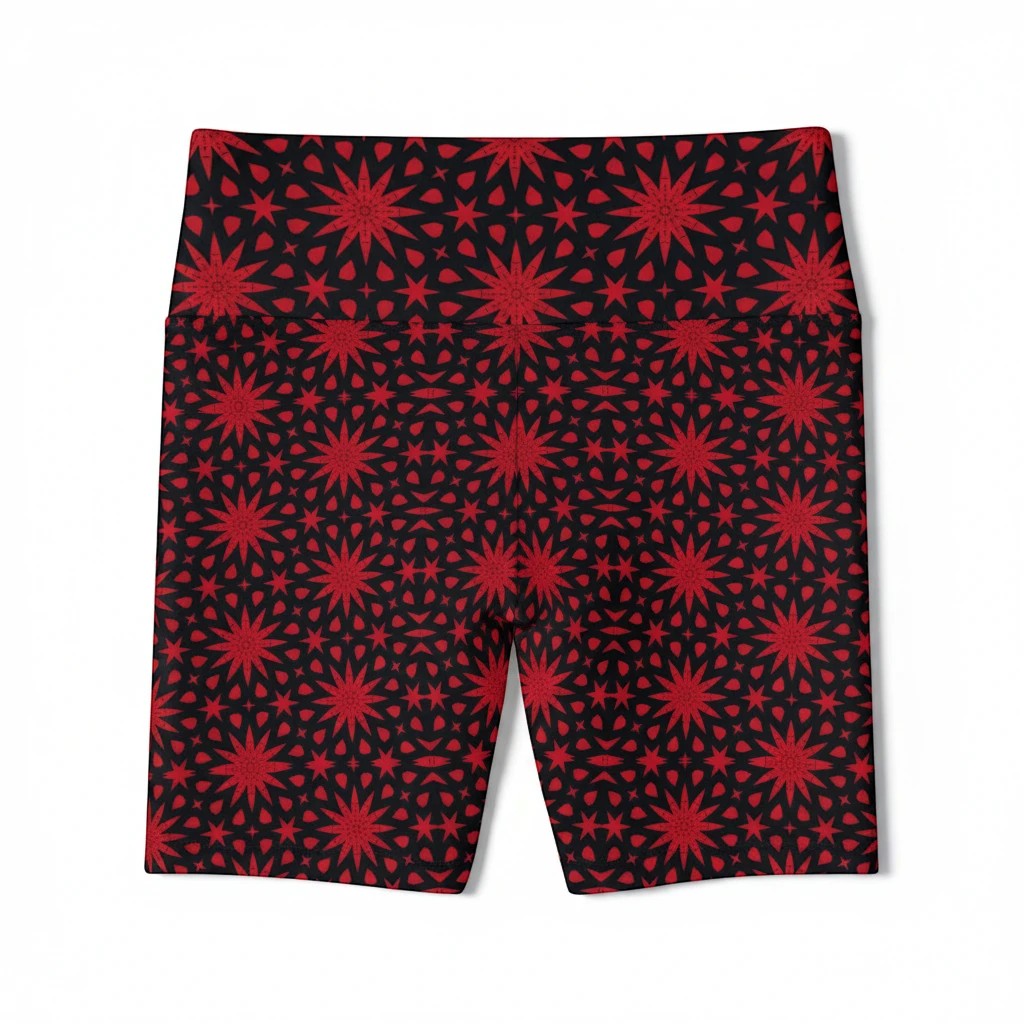 Sea Dragon Dreams red and black workout shorts featuring a repeating spiral star pattern in polyester fabric.