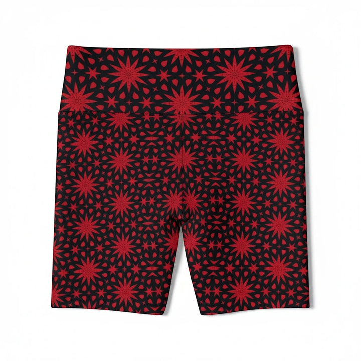 Sea Dragon Dreams red and black workout shorts featuring a repeating spiral star pattern in polyester fabric.