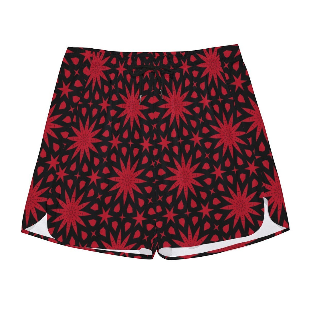 Sea Dragon Dreams men's polyester shorts featuring a bold red star pattern on a black background with side splits.