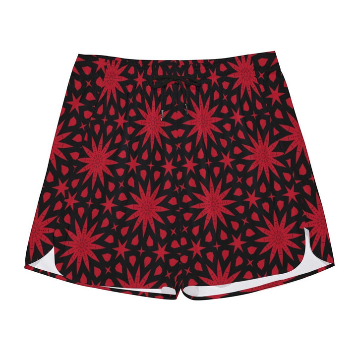 Sea Dragon Dreams men's polyester shorts featuring a bold red star pattern on a black background with side splits.