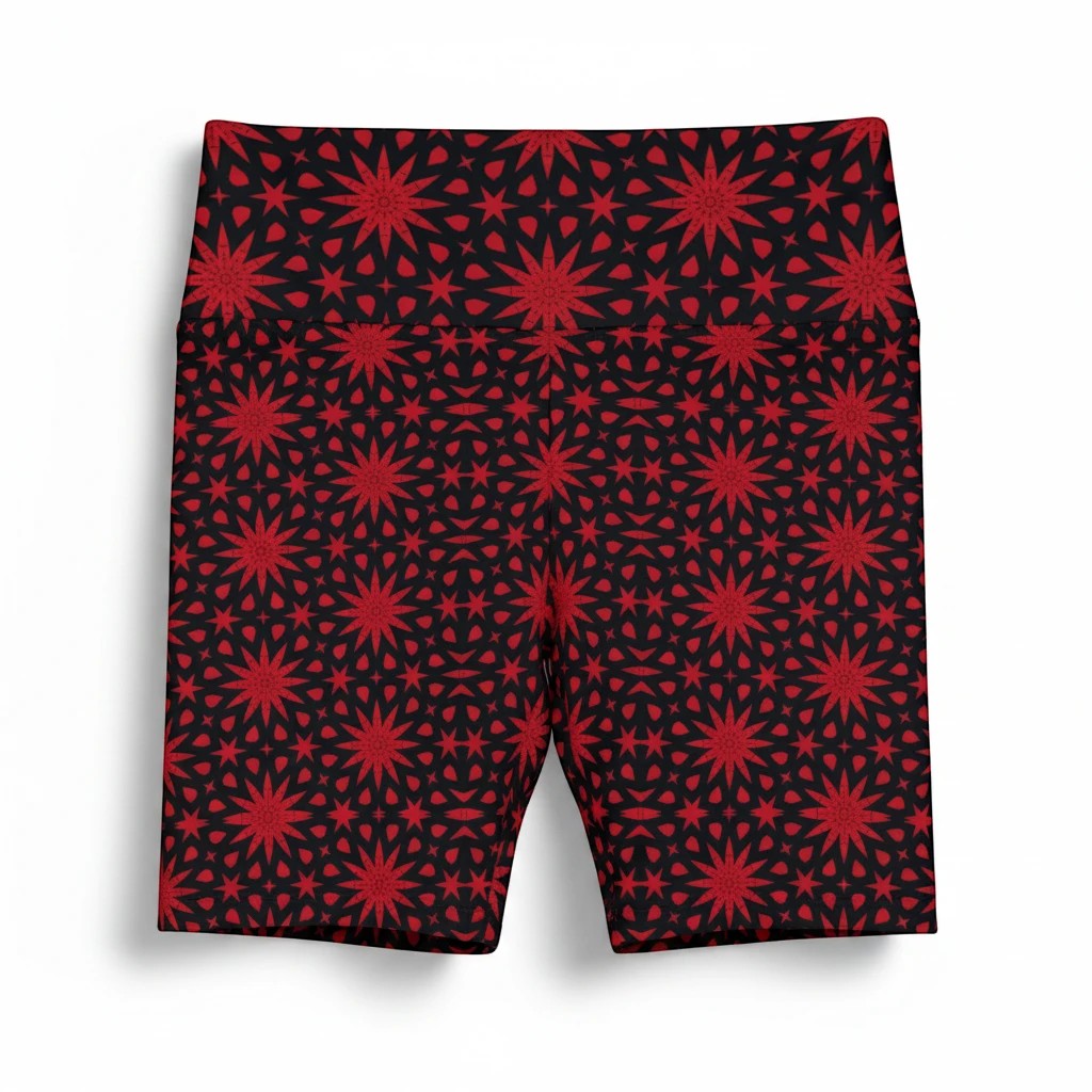 Sea Dragon Dreams red and black workout shorts featuring a repeating spiral star pattern in lightweight polyester.