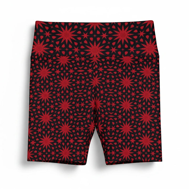 Sea Dragon Dreams red and black workout shorts featuring a repeating spiral star pattern in lightweight polyester.