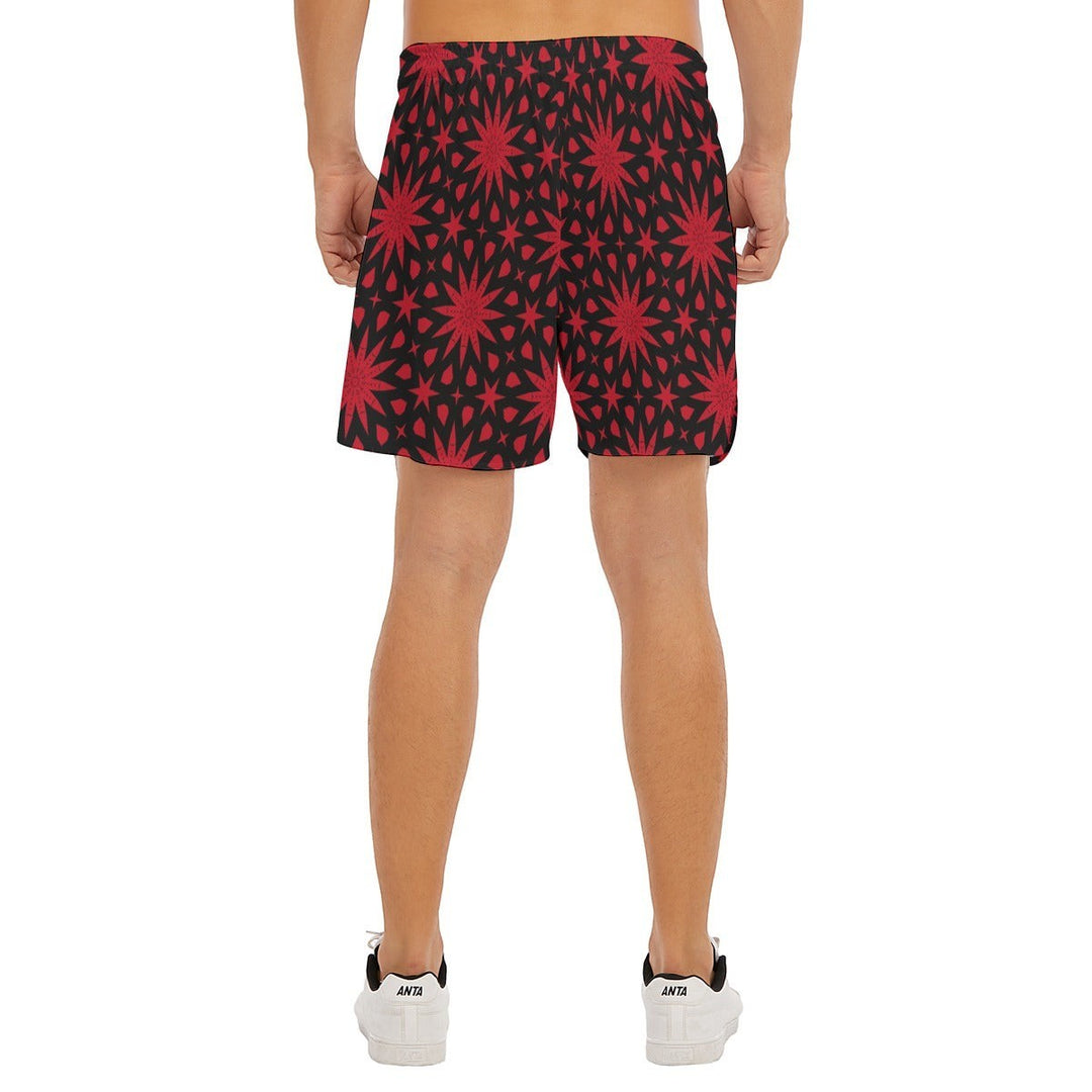 Sea Dragon Dreams men's polyester shorts featuring a bold red star pattern on a black background, back view.