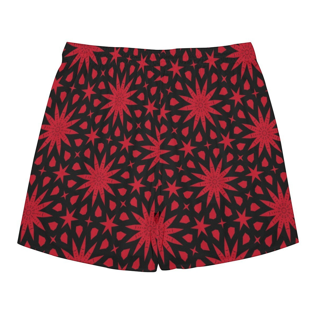 Sea Dragon Dreams men's polyester shorts featuring a bold red star pattern on a black background.
