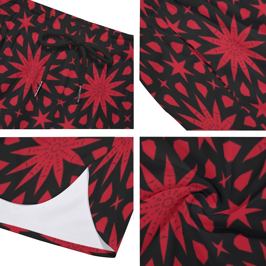 Sea Dragon Dreams men's polyester shorts featuring a bold red star pattern on a black background with a drawstring.