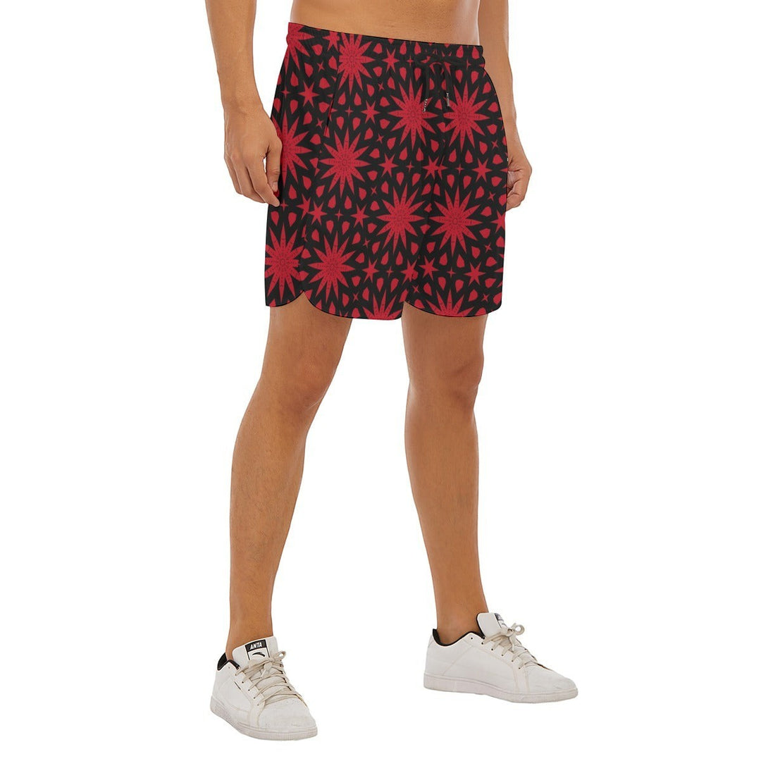 Sea Dragon Dreams men's polyester shorts featuring a bold red star pattern and side split design.