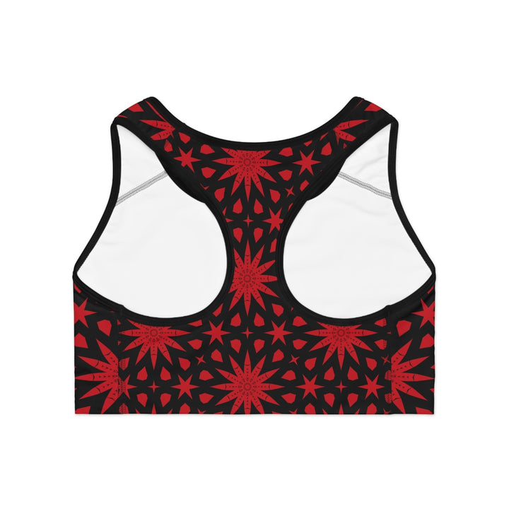 Sea Dragon Dreams red star print racerback sports bra with seamless construction and moisture-wicking fabric.