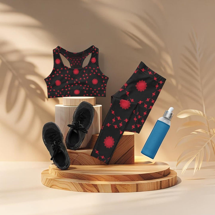 Sea Dragon Dreams seamless sports bra and leggings set with red star pattern on black fabric, displayed with sneakers.