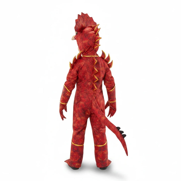 Sea Dragon Dreams red Stegoceratops dinosaur costume for kids featuring a spiked tail and detailed headpiece