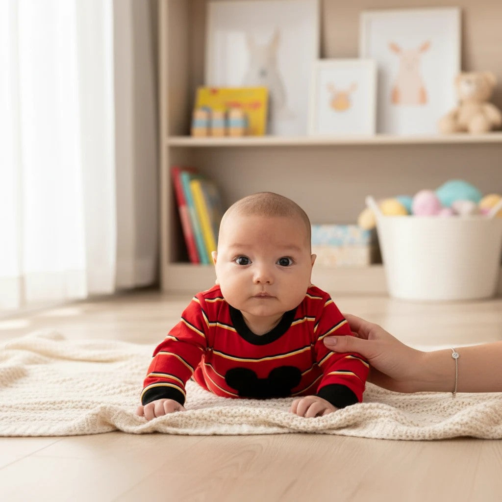 Sea Dragon Dreams baby wearing a red striped long-sleeve bubble romper with a mouse-inspired applique on a blanket.