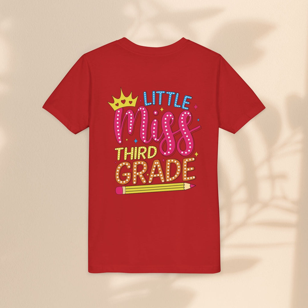 Sea Dragon Dreams red youth t-shirt with Little Miss Third Grade graphic featuring a crown and pencil design.