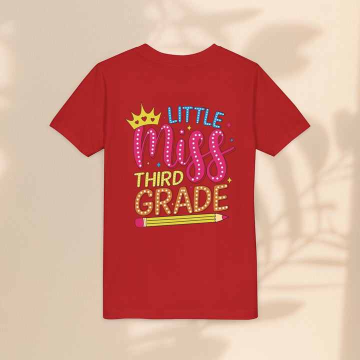 Sea Dragon Dreams red youth t-shirt with Little Miss Third Grade graphic featuring a crown and pencil design.