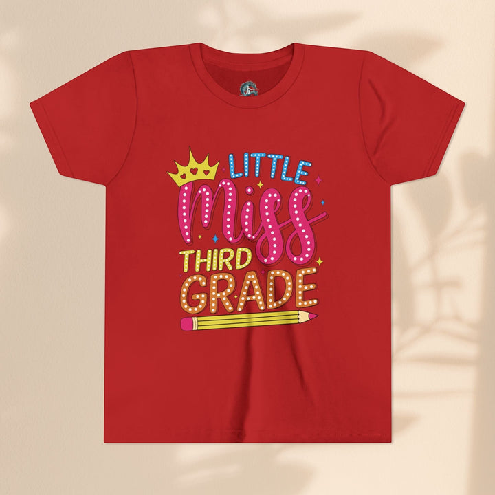 Sea Dragon Dreams red youth t-shirt with Little Miss Third Grade graphic, crown, and pencil design.