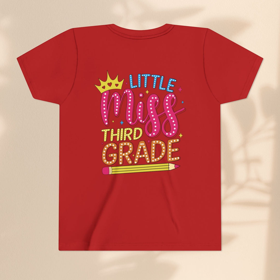 Sea Dragon Dreams red youth t-shirt with Little Miss Third Grade graphic featuring a crown and pencil design