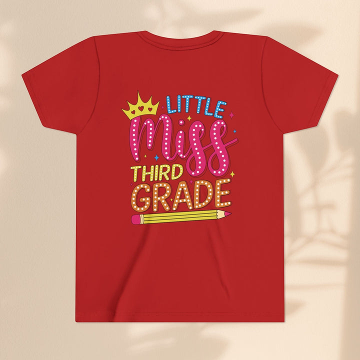 Sea Dragon Dreams red youth t-shirt with Little Miss Third Grade graphic featuring a crown and pencil design